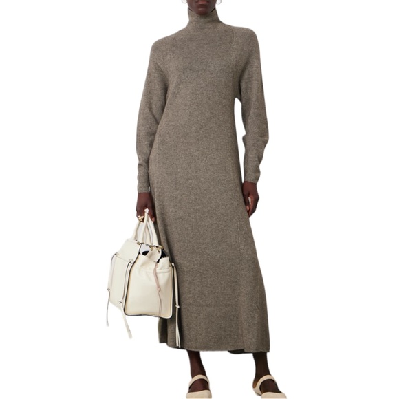 Hand Crafted Dresses & Skirts - Hand Made Maxi Mock Neck Ribbed Sweater Dress with Side Slits in Tan Melange
